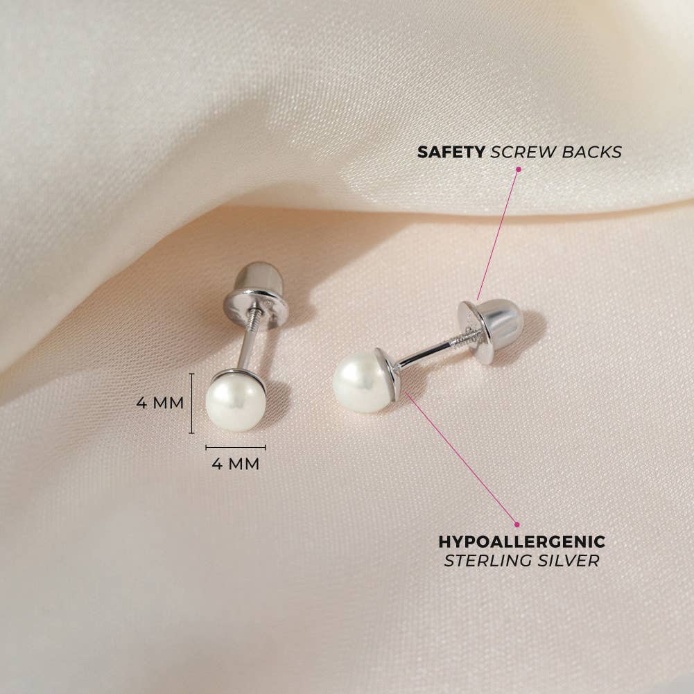 Classic Pearl 3-5mm Toddler Kids Earrings - Sterling Silver: 4mm