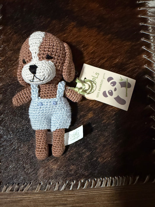 Zubels Brown/White Puppy Dog w/Overalls Rattle
