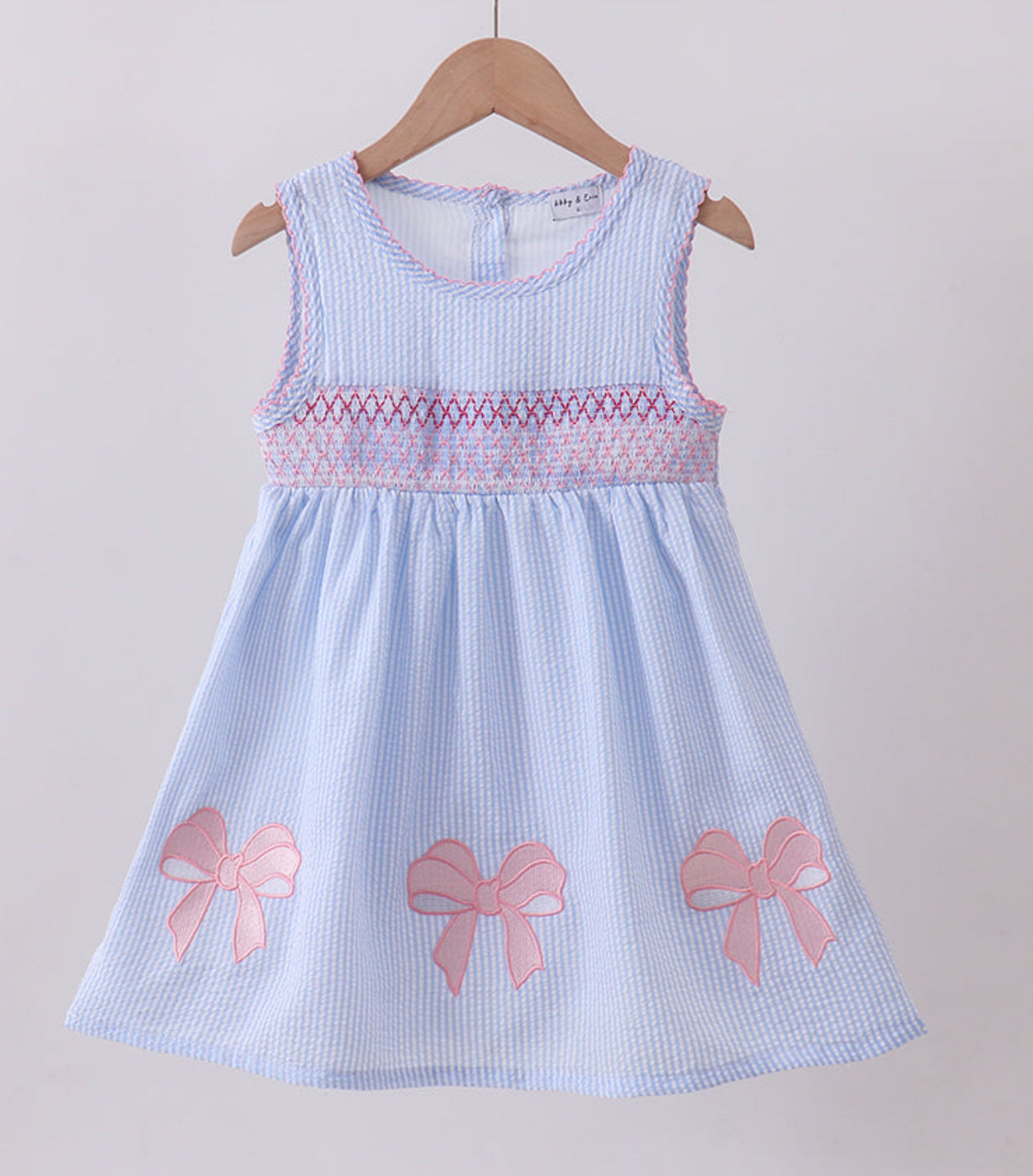 Blue Smocked Seersucker Dress w/ Pink Bows