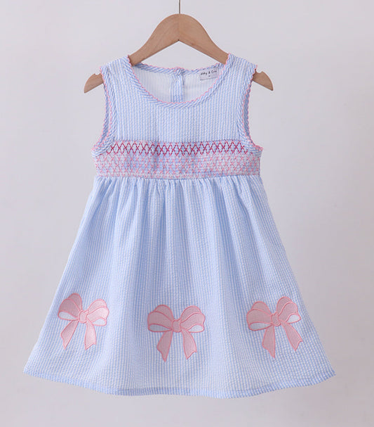 Blue Smocked Seersucker Dress w/ Pink Bows