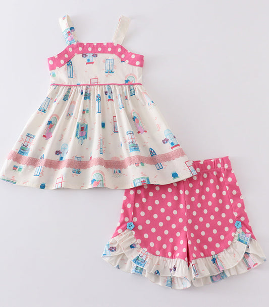 Pink Polka Dot Balcony Print Shorts Set