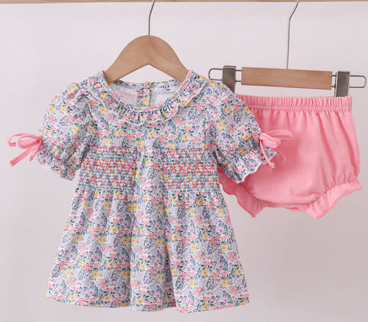 Pink Floral Smocked Diaper Set