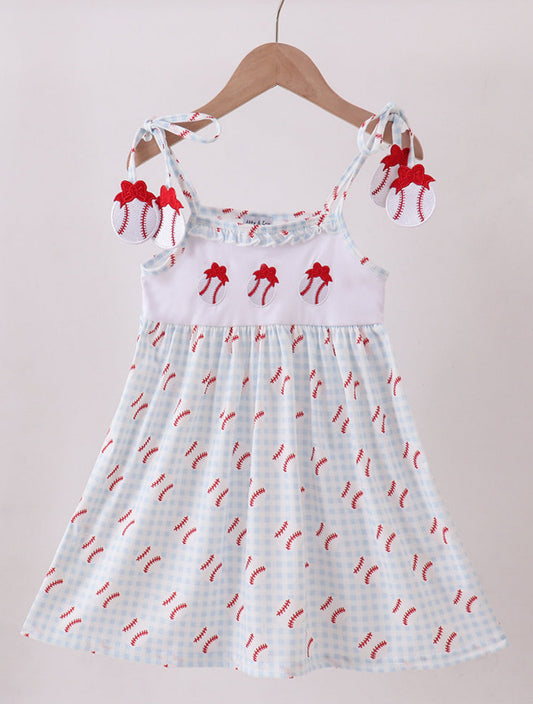White/Light Blue Baseball Trio Appliqué Dress