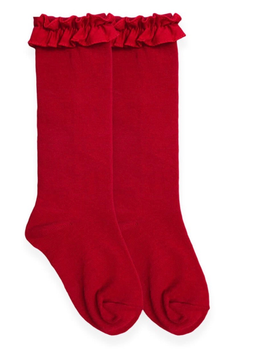 Jefferies Ruffle Knee High Socks - Red