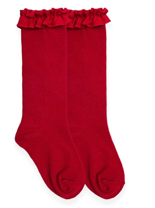 Jefferies Ruffle Knee High Socks - Red