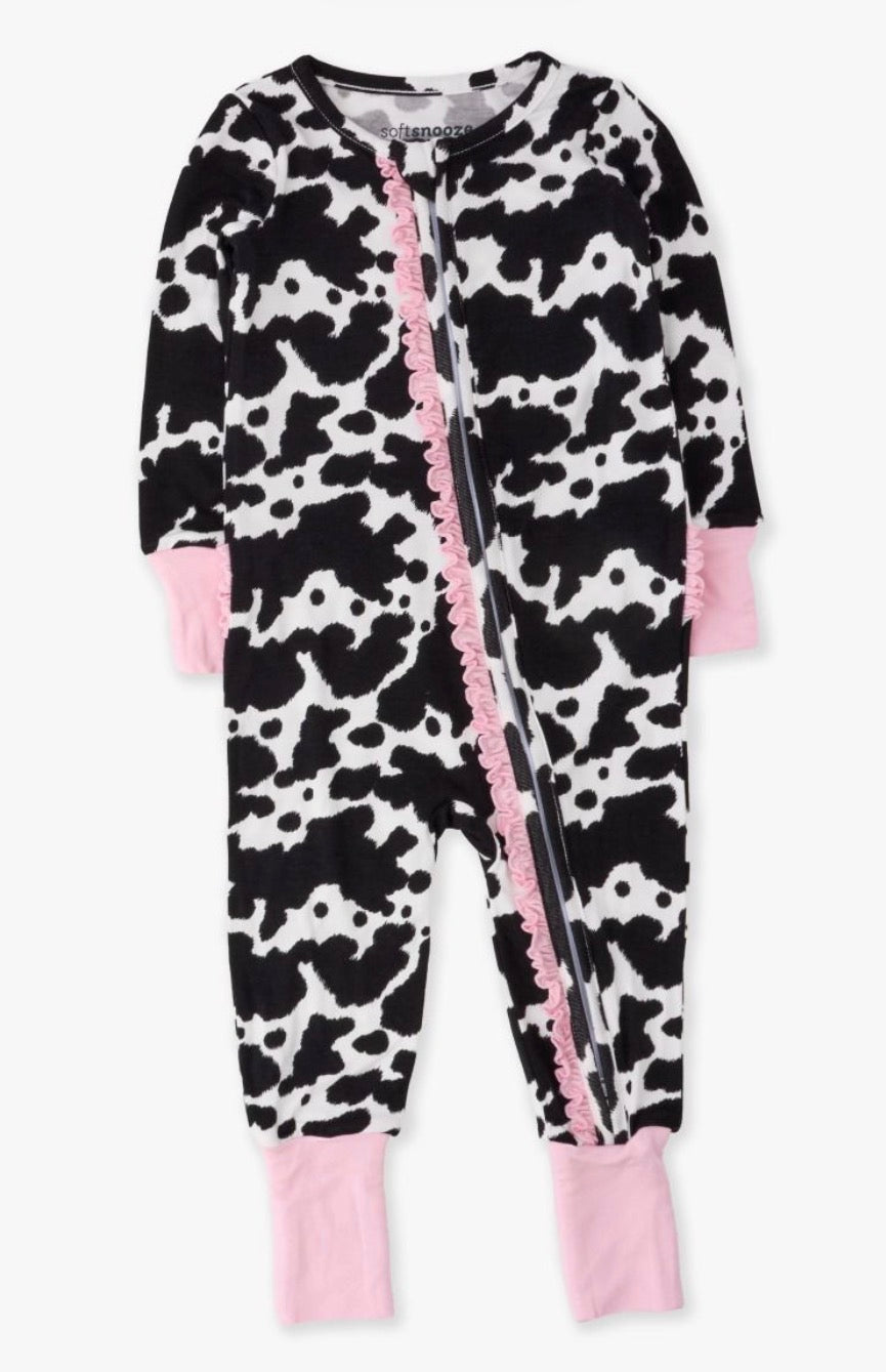Ruffle Butts Soft Snooze Pink Ruffle Cow Print Bamboo Zippy