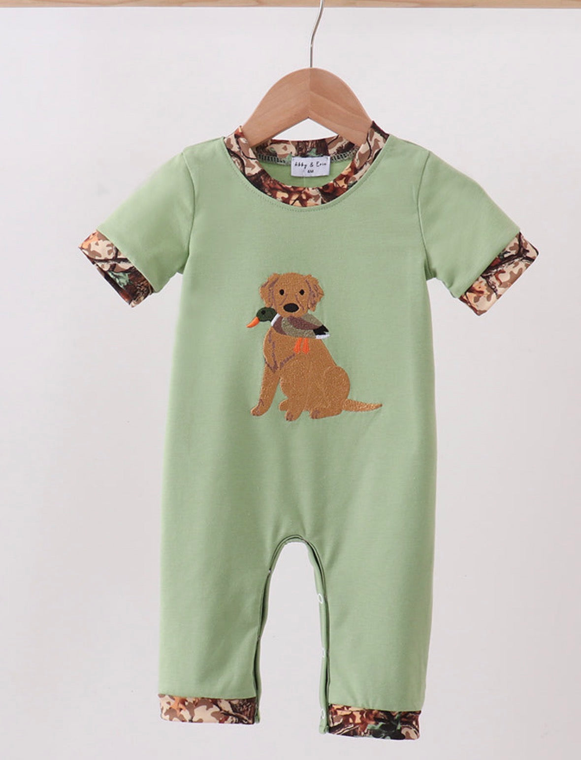 Green Puppy/Bird Camo Boy Romper