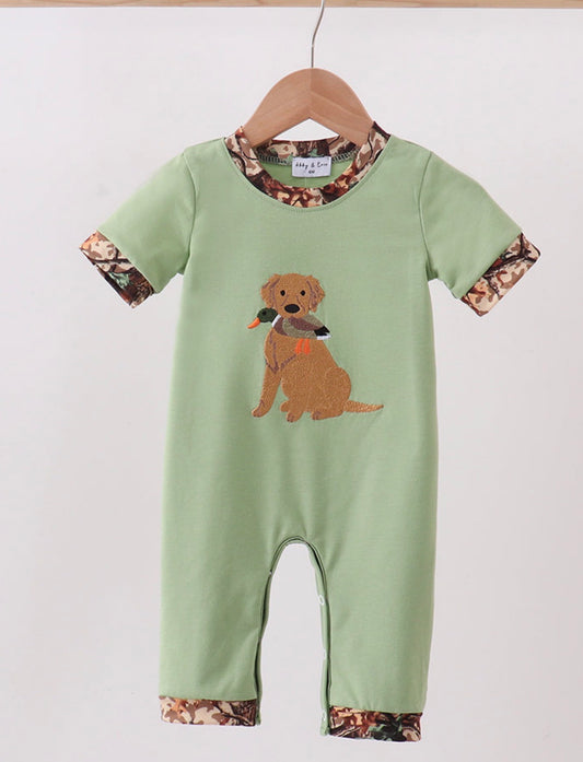 Green Puppy/Bird Camo Boy Romper
