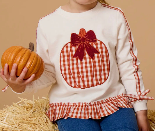 Ruffle Butts Appliqué Pumpkin Bow Ivory Sweatshirt