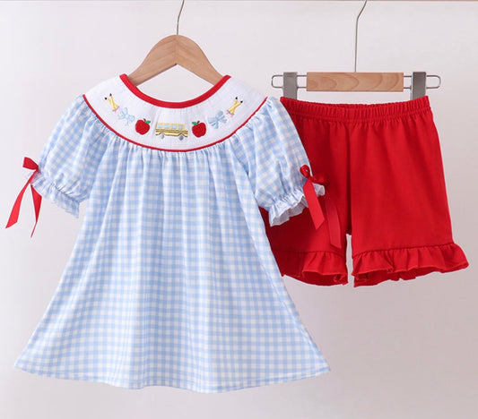 Blue Check Smocked School Shorts Set