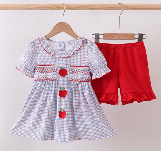 Blue Plaid Smocked Apple Set