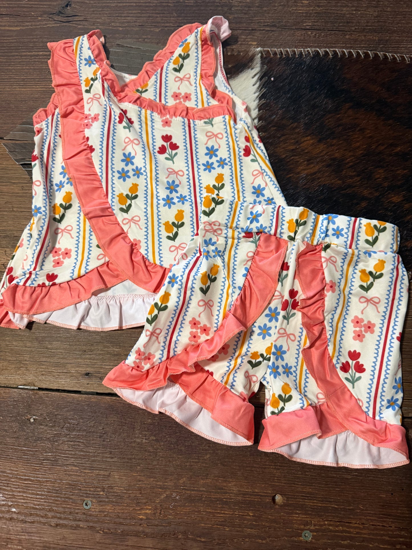 Peach Floral Ruffle Cross Back Shorts Set