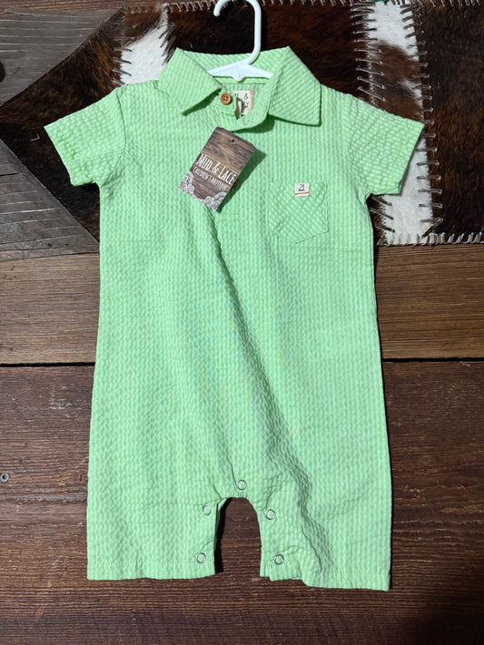 Green Seersucker Boy Romper