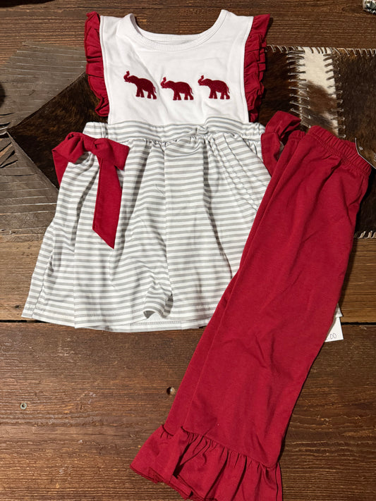 Grey Stripe/ Maroon Strip Elephant Girl Pants Set