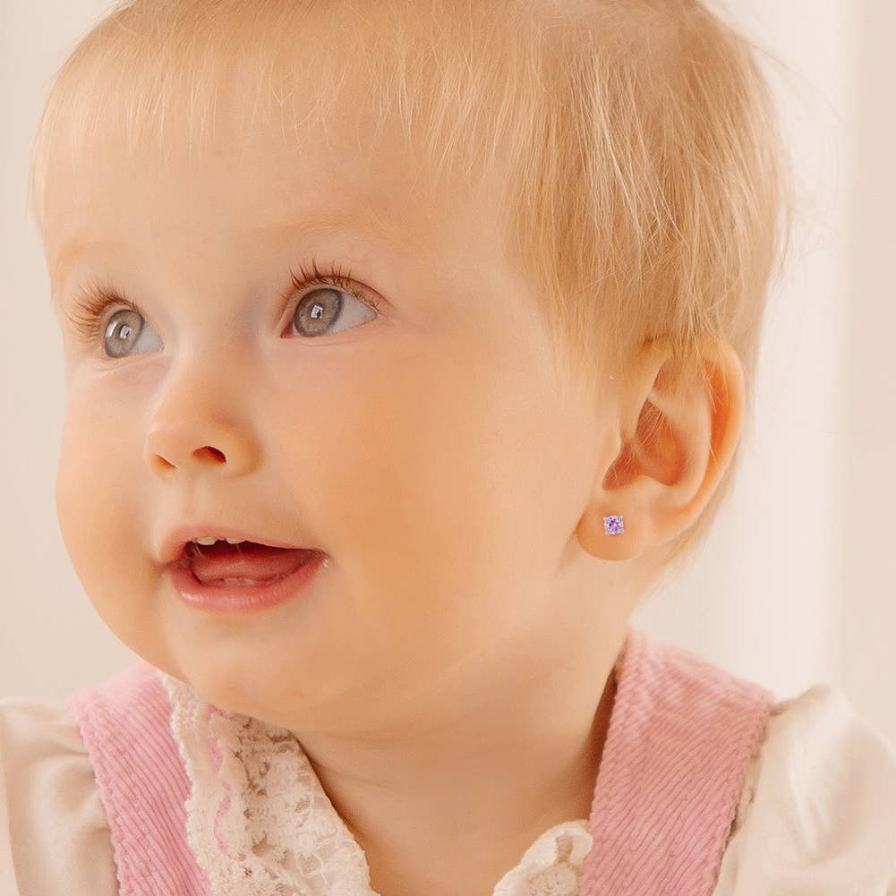 First Solitaire 2mm Baby Toddler Earrings - Sterling Silver: Pink CZ