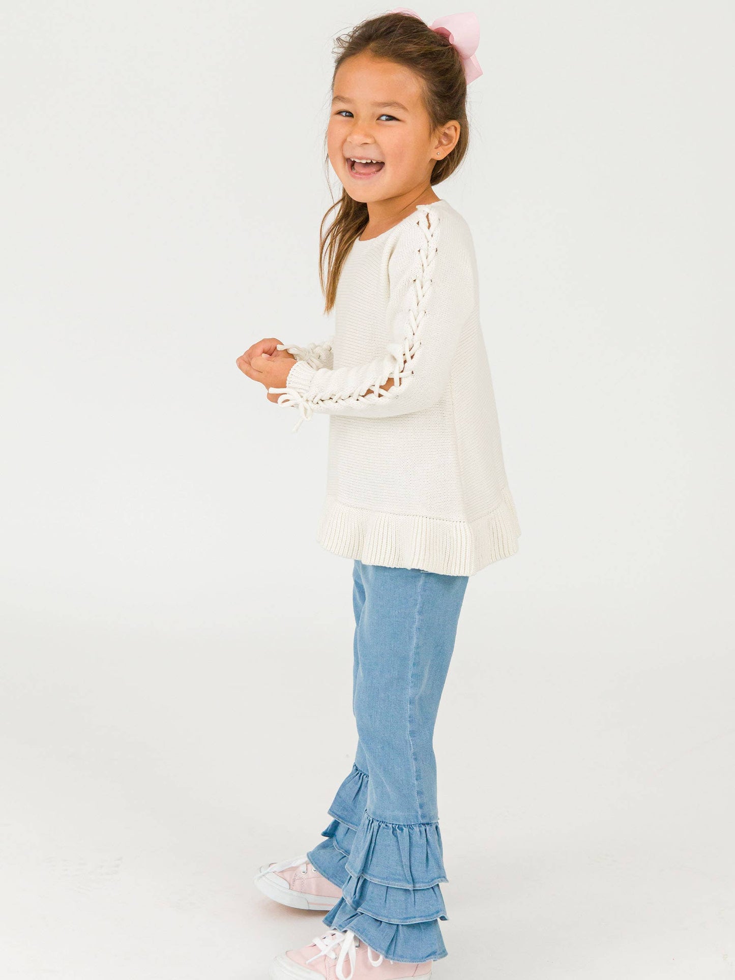 Toddler Girls Light Wash Stretch Denim Ruffle Flare Pants with Signature Rear Ruffles: Blue / 4T