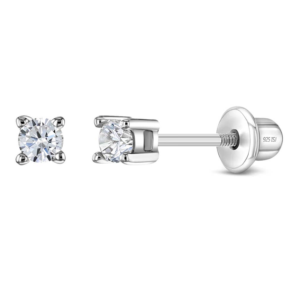 First Solitaire 2mm Baby Toddler Earrings - Sterling Silver: Pink CZ