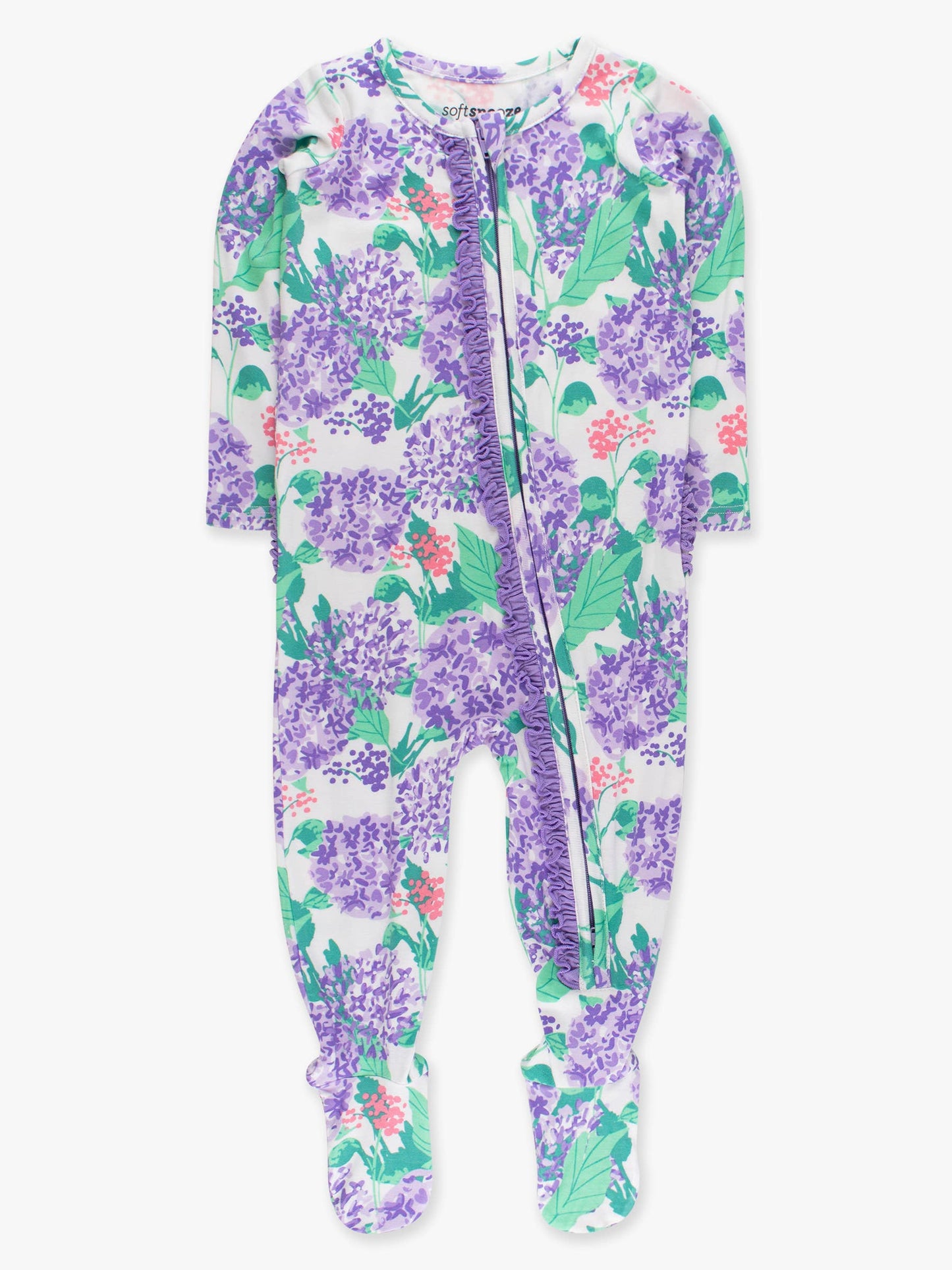 SoftSnooze™ Baby Girls Bamboo Viscose Purple Hydrangea Garden Footed Ruffle One Piece Pajama: Purple
