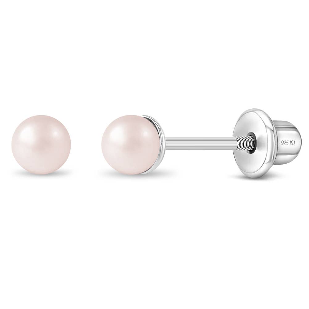 Pink Pearls 3-5mm Kids Earrings Screw Back - Sterling Silver: 4.0mm