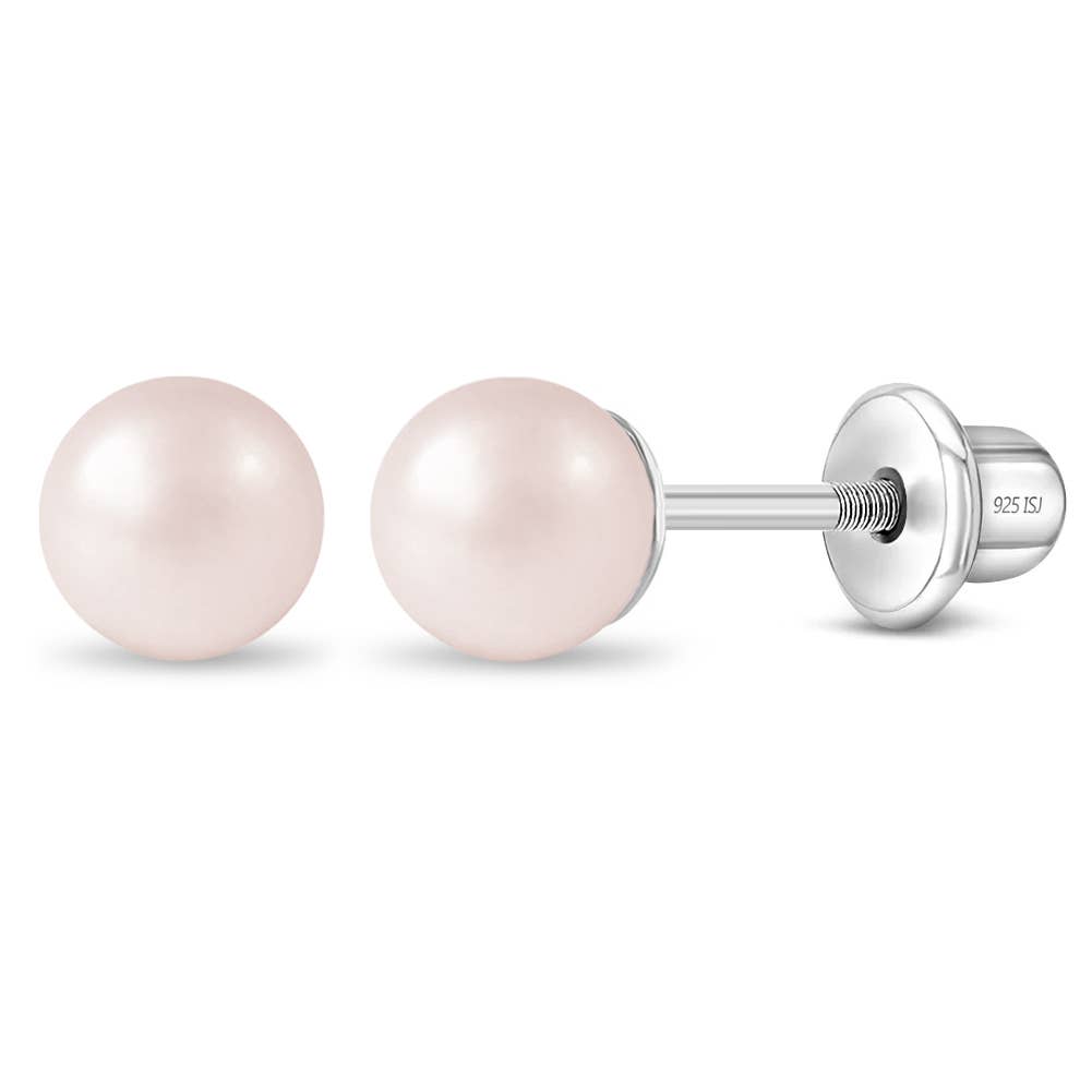 Pink Pearls 3-5mm Kids Earrings Screw Back - Sterling Silver: 4.0mm