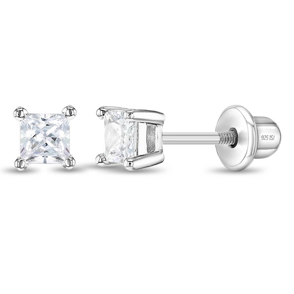 Square CZ Solitaire 3mm Baby Kids Earrings - Sterling Silver: Clear CZ