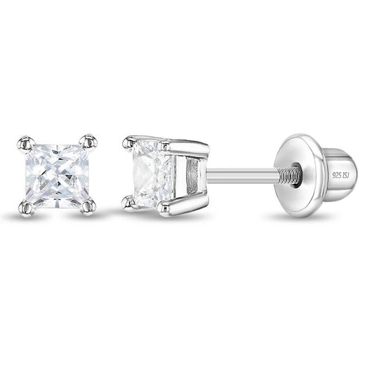 Square CZ Solitaire 3mm Baby Kids Earrings - Sterling Silver: Clear CZ