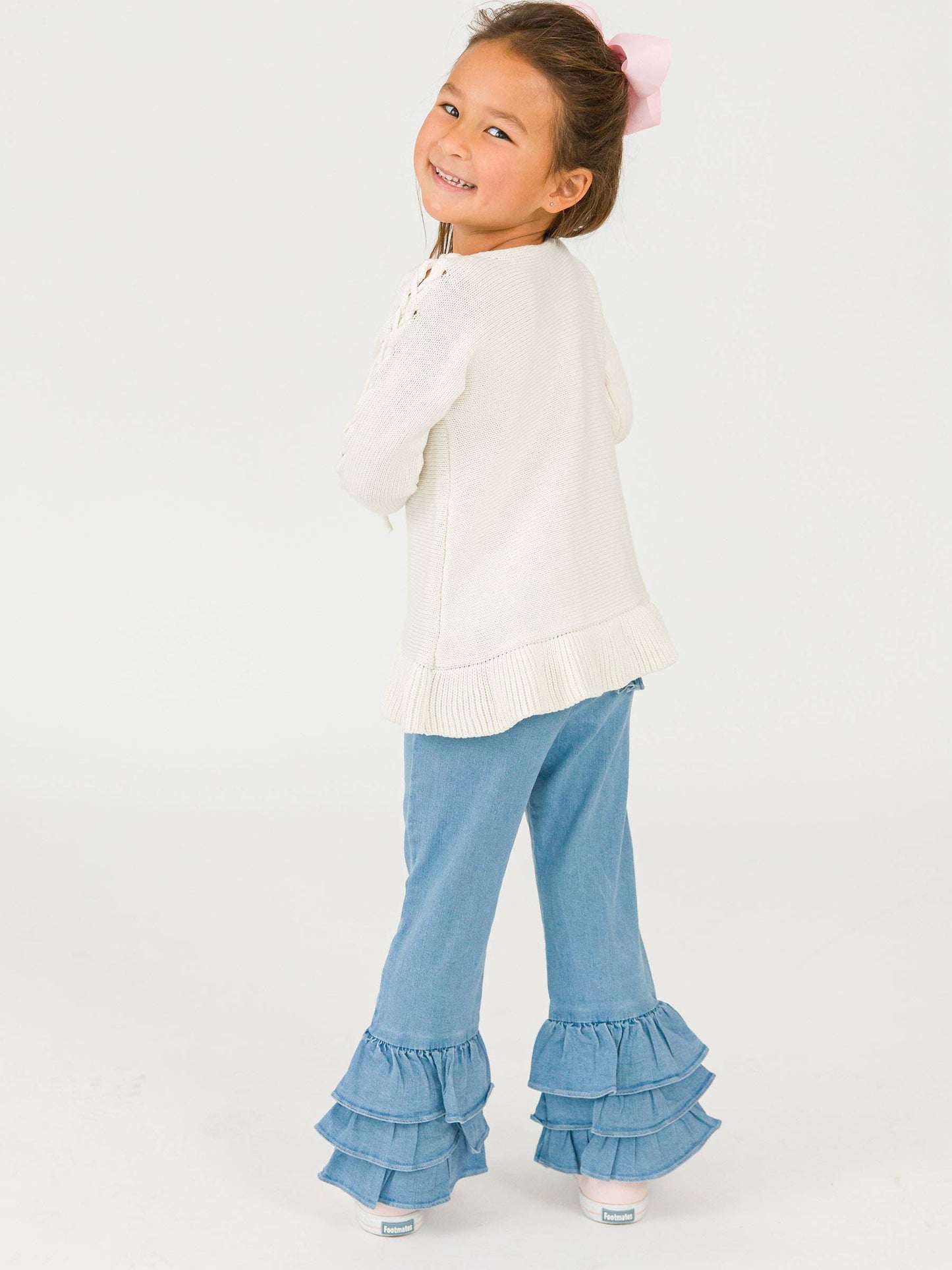 Toddler Girls Light Wash Stretch Denim Ruffle Flare Pants with Signature Rear Ruffles: Blue / 4T
