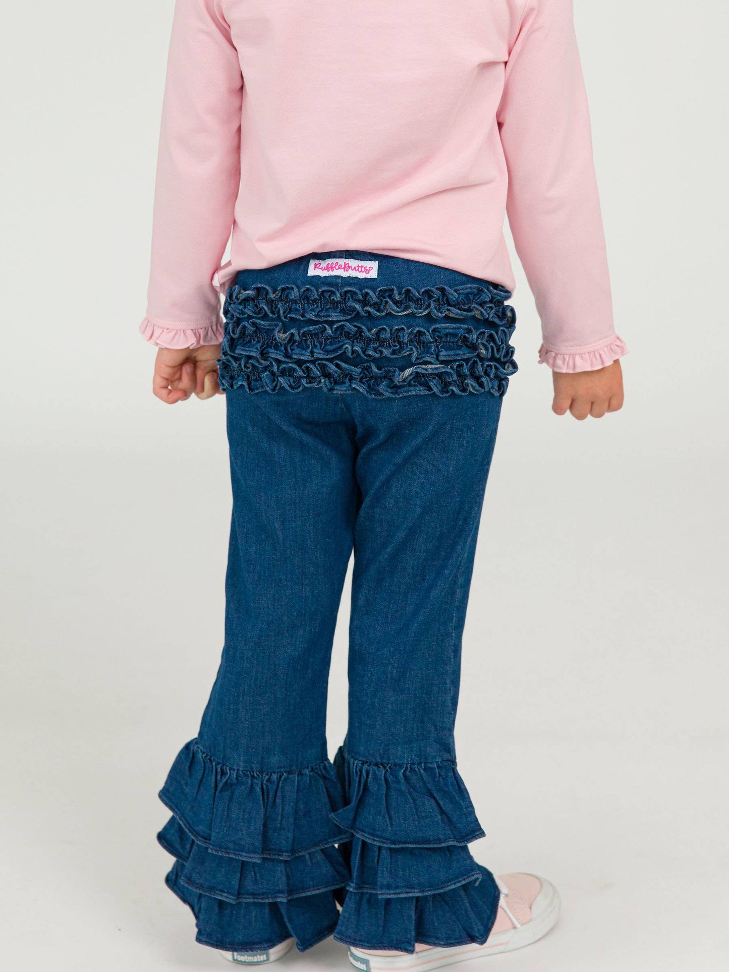 Toddler Girls Medium Wash Stretch Denim Ruffle Flare Pants with Signature Rear Ruffles: Blue