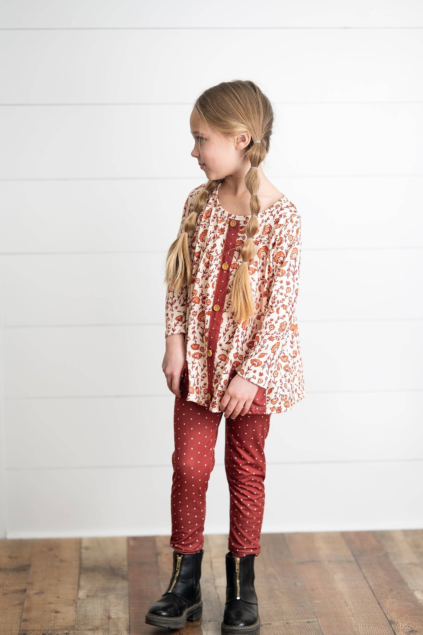 Girls Cinnamon Fall Floral & Pin Dot Pant Set: 3/4