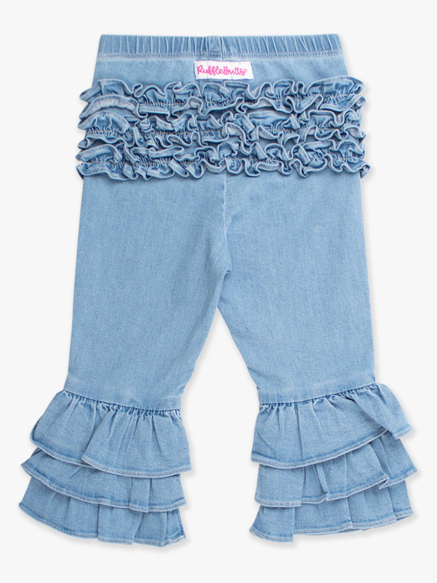 Toddler Girls Light Wash Stretch Denim Ruffle Flare Pants with Signature Rear Ruffles: Blue / 4T