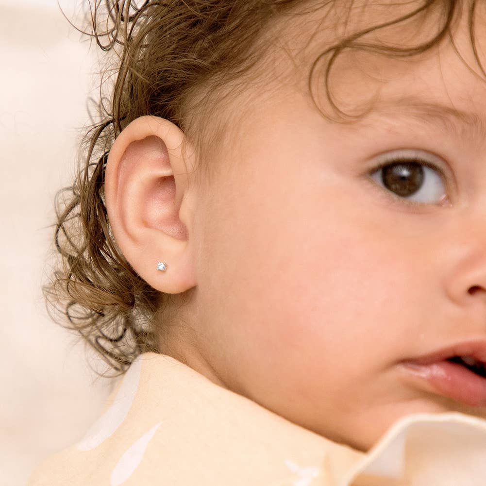 First Solitaire 2mm Baby Toddler Earrings - Sterling Silver: Pink CZ