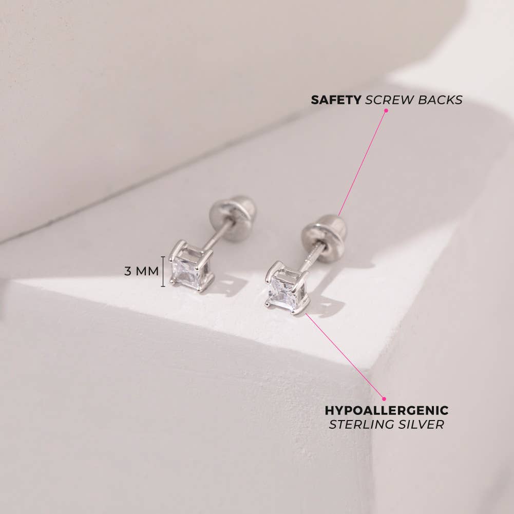 Square CZ Solitaire 3mm Baby Kids Earrings - Sterling Silver: Clear CZ