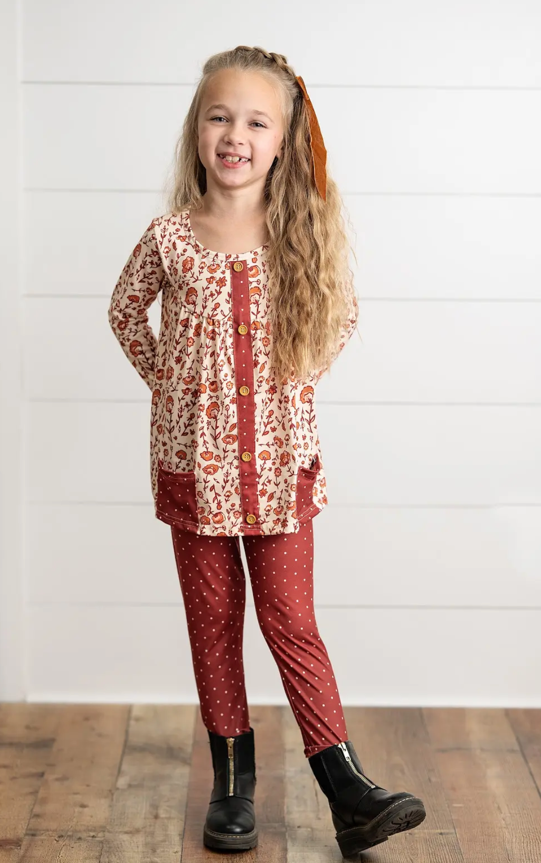 Girls Cinnamon Fall Floral & Pin Dot Pant Set: 3/4