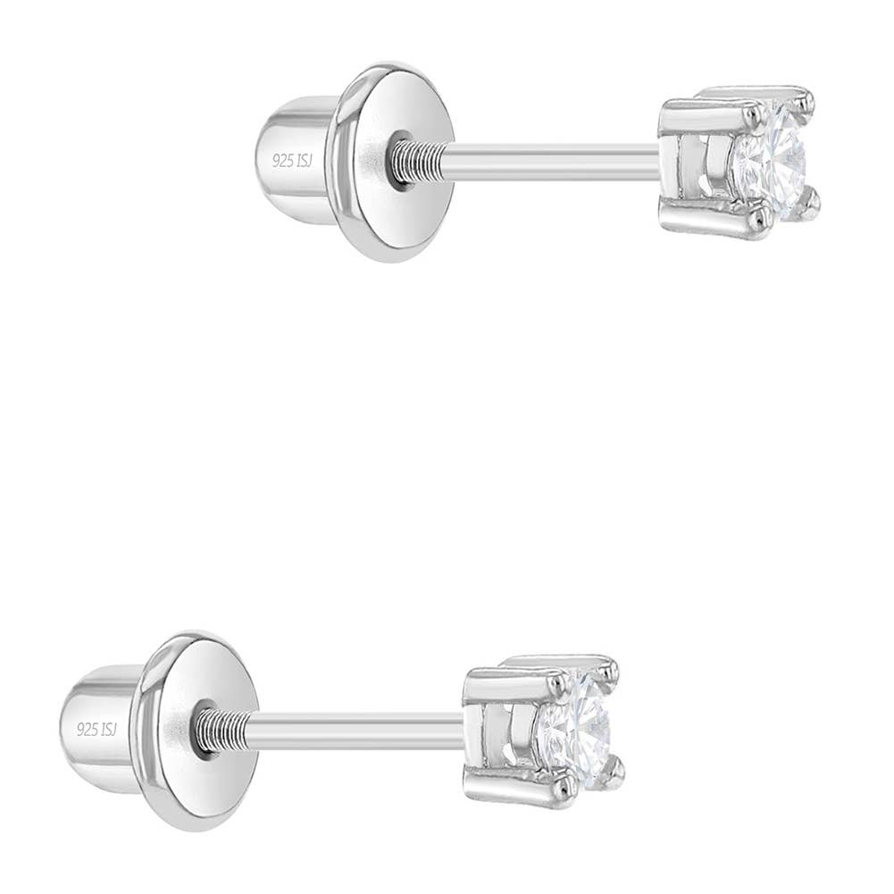 First Solitaire 2mm Baby Toddler Earrings - Sterling Silver: Pink CZ