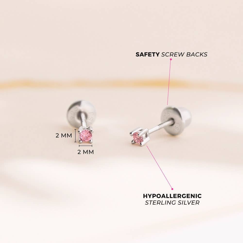 First Solitaire 2mm Baby Toddler Earrings - Sterling Silver: Pink CZ