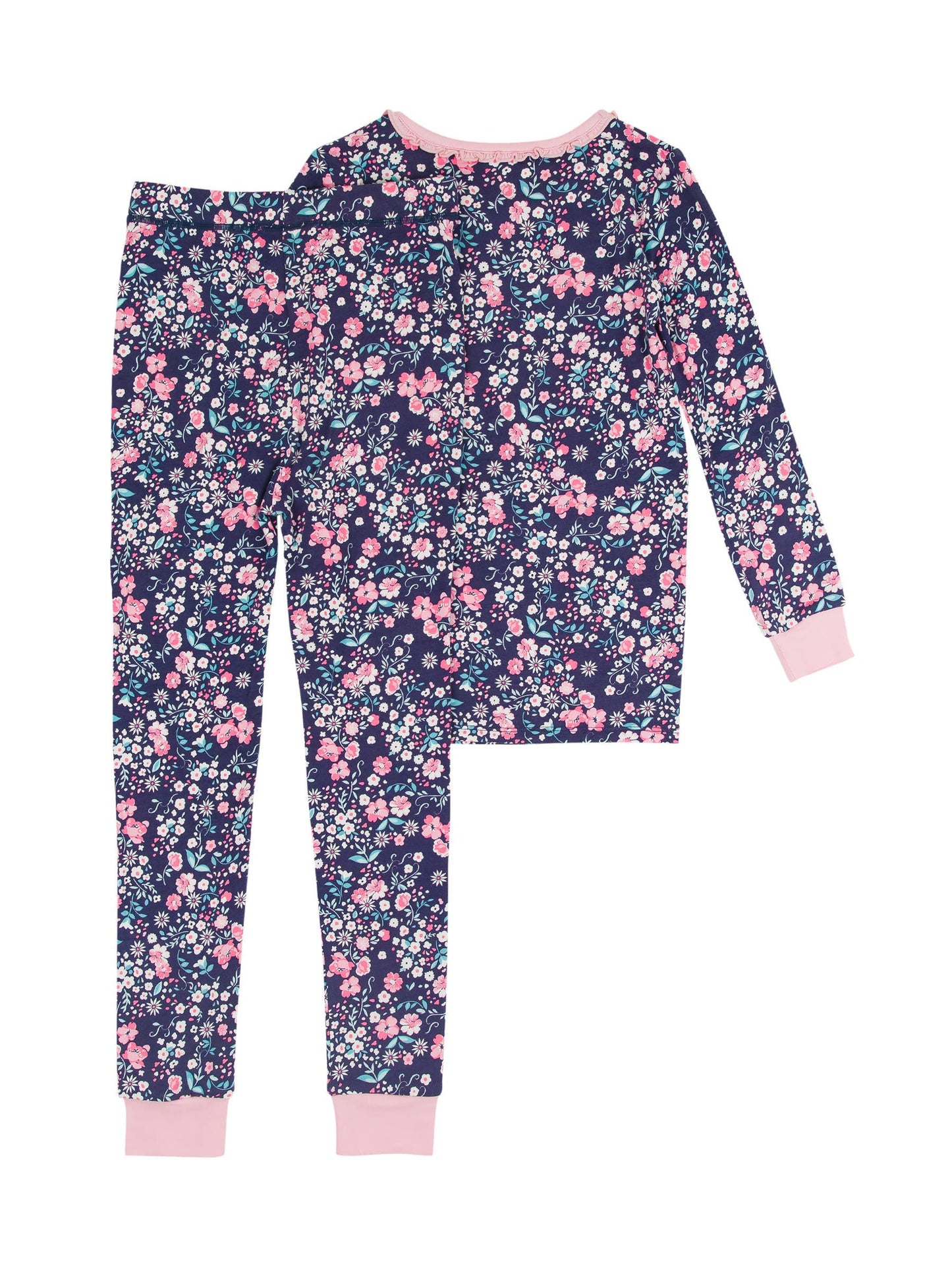 SoftSnooze™ Girls Bamboo Viscose Moonlit Meadow Ruffle Long Sleeve Pajama Set: Navy / 7/8
