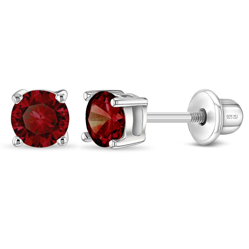 Classic Round Red Solitaire Earrings - Sterling Silver: 01 - Jan