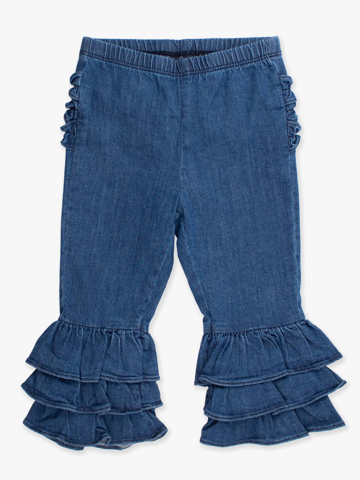 Toddler Girls Medium Wash Stretch Denim Ruffle Flare Pants with Signature Rear Ruffles: Blue