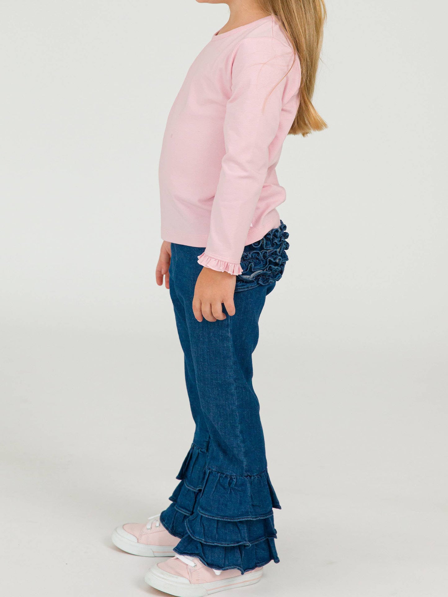 Toddler Girls Medium Wash Stretch Denim Ruffle Flare Pants with Signature Rear Ruffles: Blue