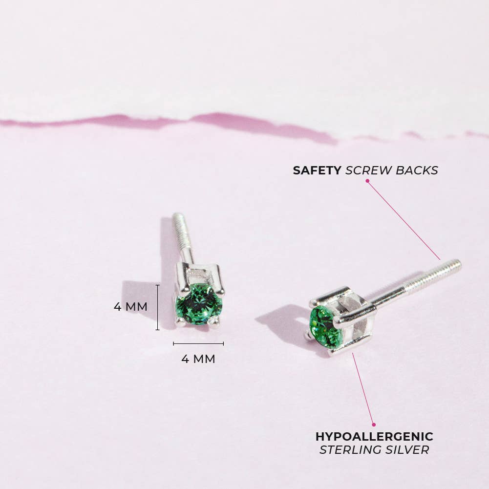 Classic Round Green Solitaire Earrings - Sterling Silver: 05 - May